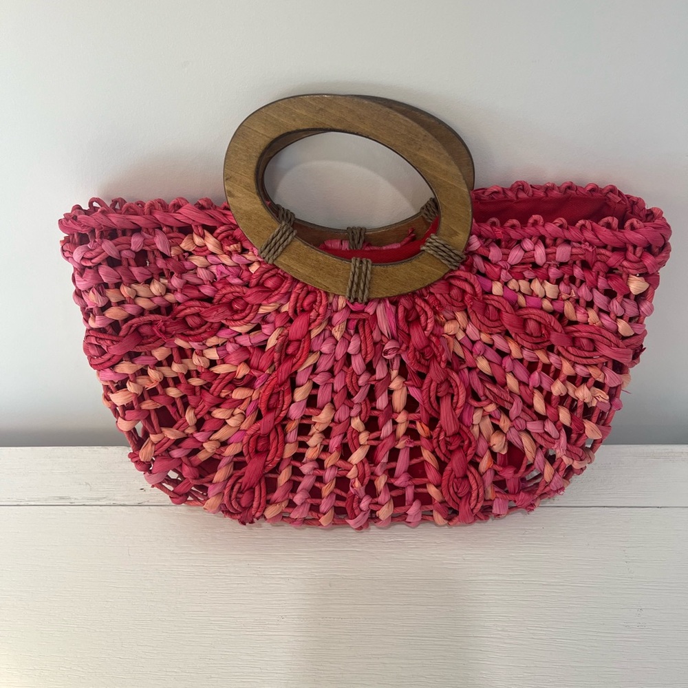 Coldwater Creek Pink Woven Bag with Wooden Handles - Picture 3 of 8